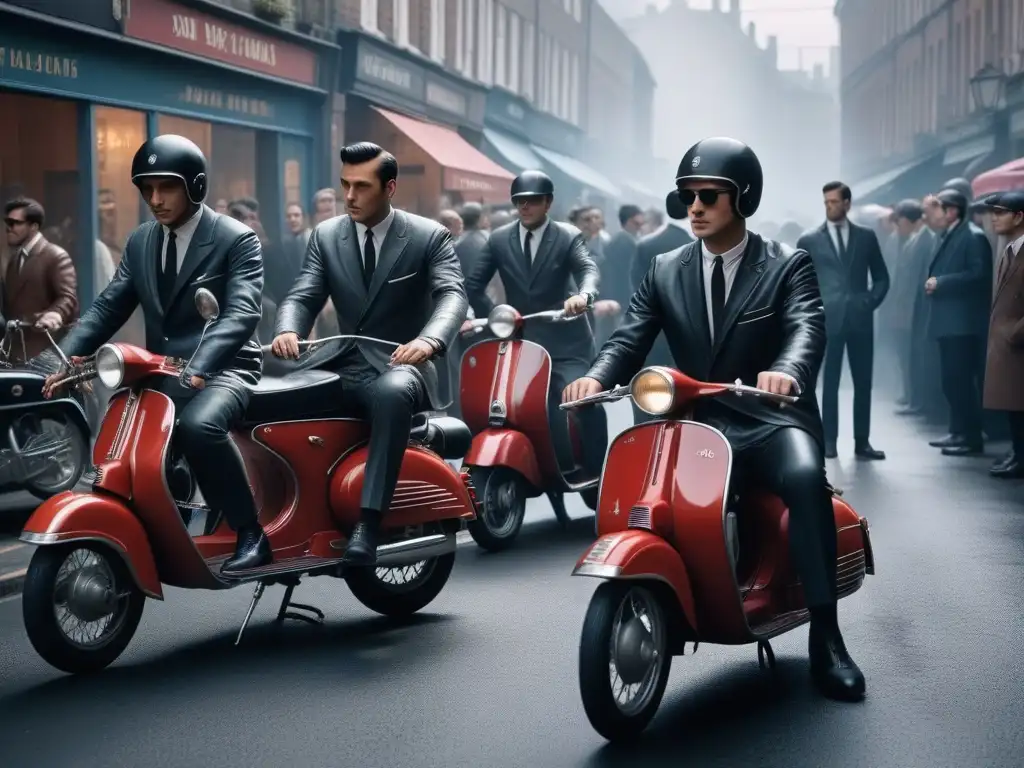 Moda y rebeldía en la calle: Mods vs Imagen detallada y realista de una calle abarrotada en los 60 con Mod y Rockers estilos contraculturales y sus icónicos vehículos