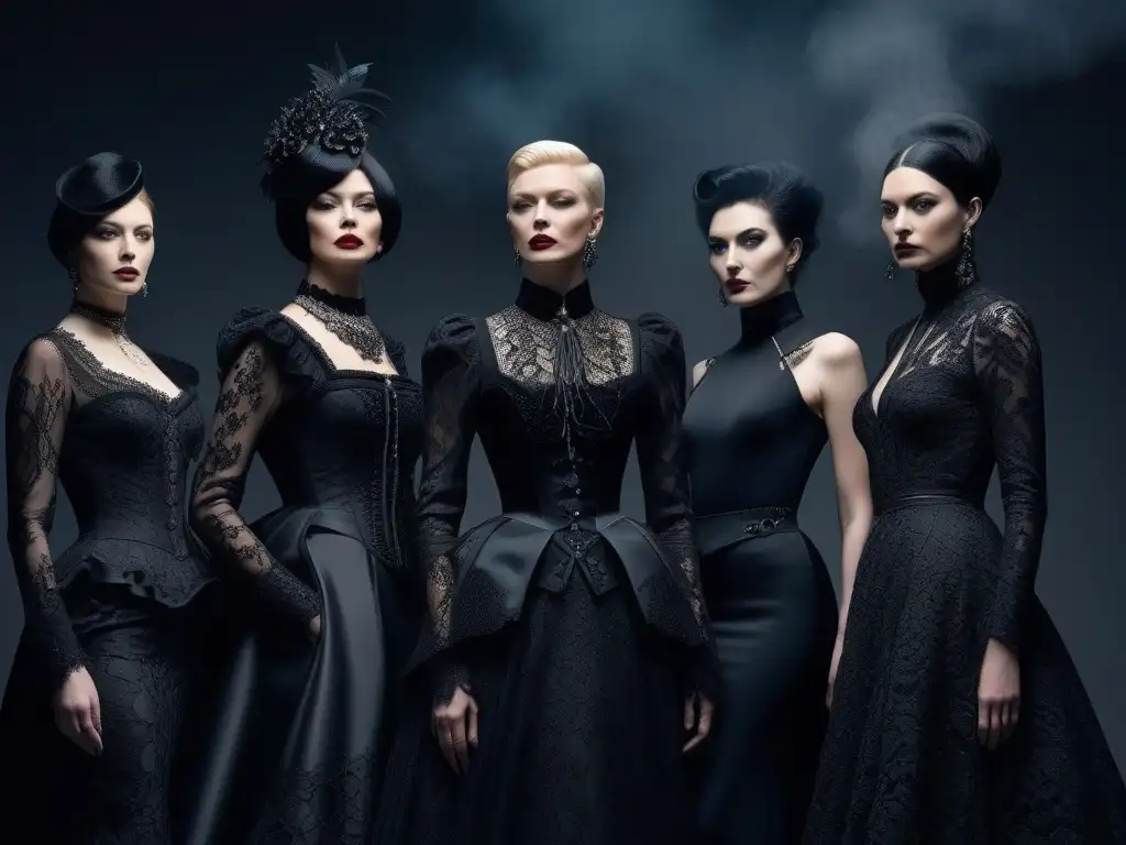 Gótico: Retrato detallado de iconos de la moda oscura Una imagen detallada y realista de figuras icónicas de la moda gótica del siglo XX, como Alexander McQueen, Siouxsie Sioux y David Bowie, en un escenario oscuro y evocador