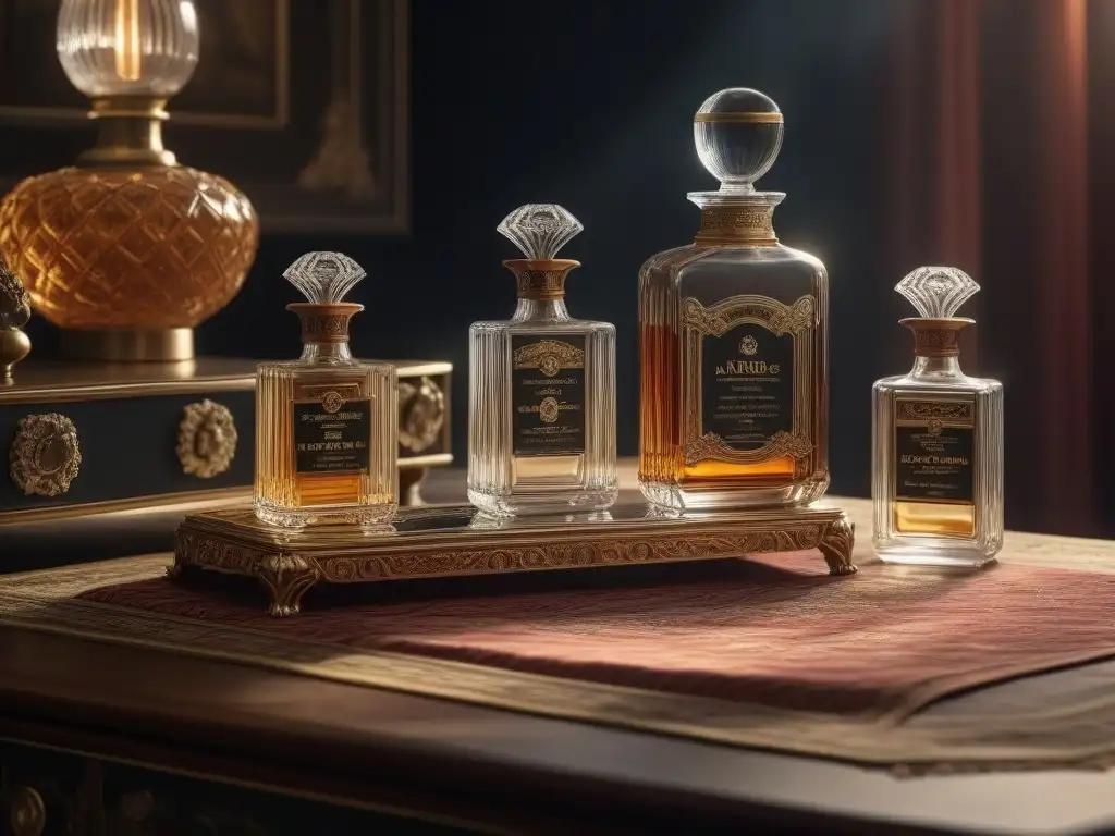Esencia retro: mesa de tocador vintage con perfumes icónicos del siglo XX Una imagen detallada de un tocador vintage con perfumes retro del siglo XX, evocando lujo y nostalgia en un ambiente de boudoir
