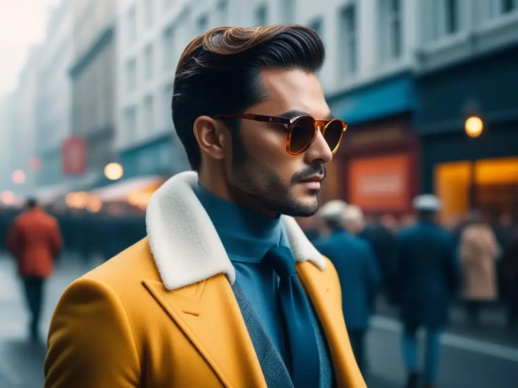 Una imagen envolvente de una persona elegante usando gafas de sol vintage modernas en una concurrida calle de la ciudad