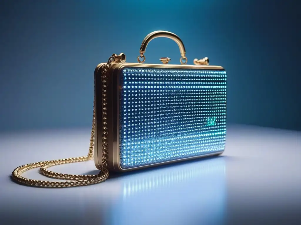 Imagen futurista de un dispositivo digital mostrando un holograma de un accesorio de moda retro del siglo XX