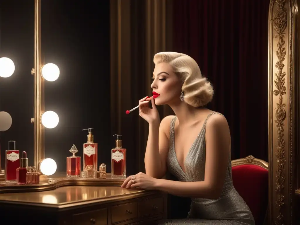 Divina actriz retro de Hollywood aplicando labial rojo Imagen de una glamorosa actriz de Hollywood de los años 30 aplicando lápiz labial rojo frente al espejo, en un tocador vintage