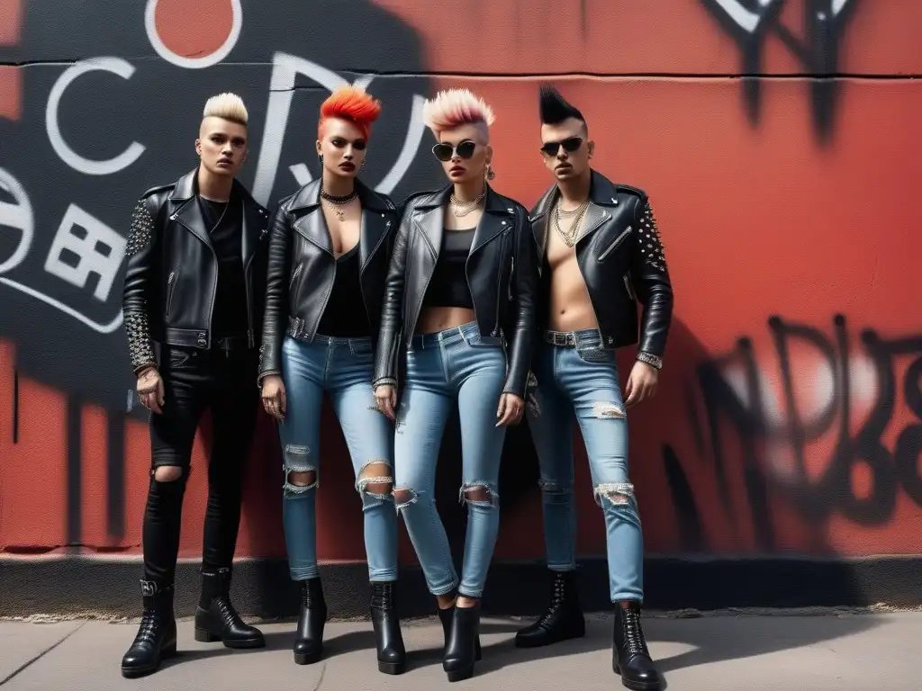 Punks rebeldes: moda retro en alta resolución Una imagen impactante de moda retro punk años 70 con rebeldes punk rockers, luciendo cuero, Mohawks y actitud desafiante en la ciudad