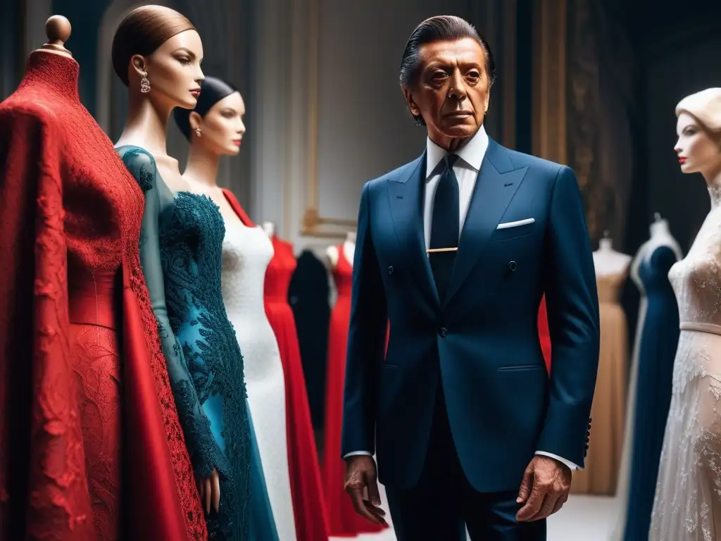 Una imagen impresionante que muestra la historia de Valentino en alta costura, rodeado de lujo y elegancia en su majestuoso atelier