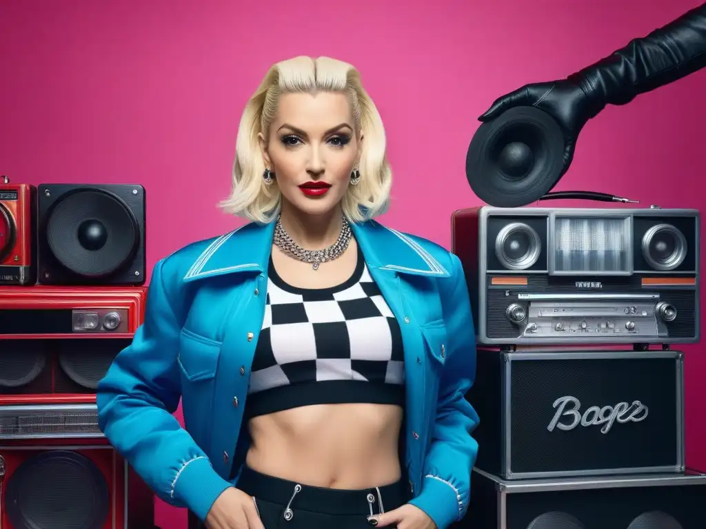 No Doubt y Gwen Stefani: Estilo 90s vibrante Imagen de moda retro años 90 con Gwen Stefani y No Doubt en atuendos icónicos y vibrante escenografía