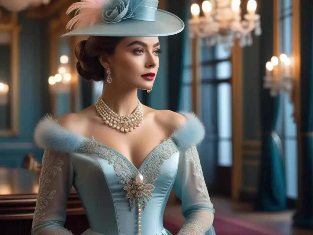 Vestido de seda y glamour retro del 1910 en una elegante gala Una imagen de moda retro con accesorios de los años 1910 en un elegante salón de baile