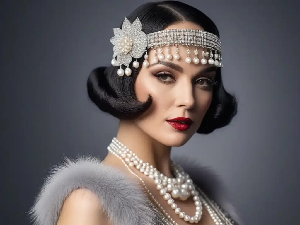 Flapper de los años 20: Elegancia y opulencia en una imagen Imagen de una mujer glamorosa de los años 1920 con accesorios retro, exudando elegancia en un salón de baile opulento