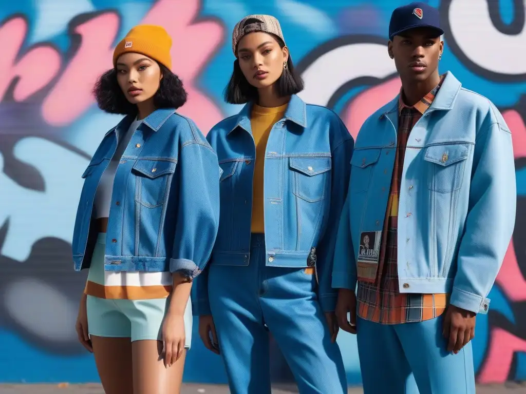 90s Unisex Fashion: Tributo a la Diversidad Urbana Una imagen nostálgica de moda unisex años 90 retro, con jóvenes diversos en atuendos y escenario urbanos inspirados en la época