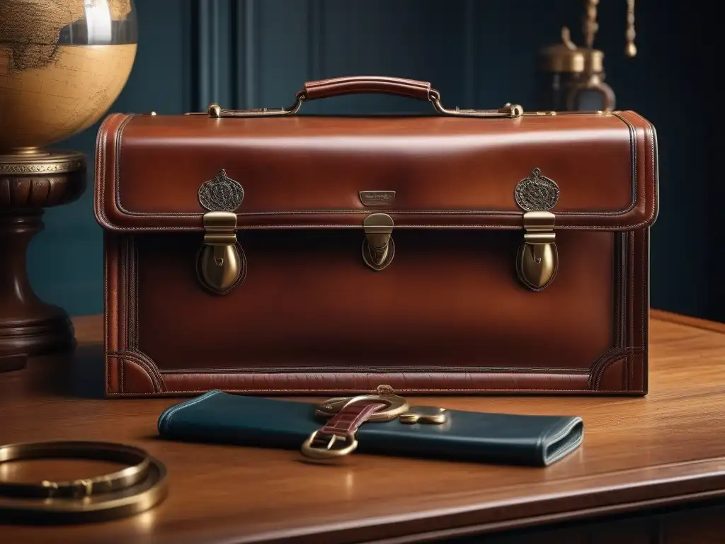 Maletín vintage de cuero: detalle y elegancia clásica Una imagen nostálgica y sofisticada de un maletín de cuero vintage rodeado de accesorios retro del siglo XX en un escritorio de madera pulida