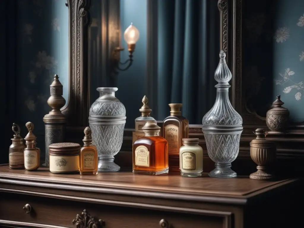Vanity table vintage con cremas y lociones antiguas Una imagen nostálgica de un tocador vintage con frascos antiguos de cremas y lociones, evocando elegancia y sofisticación