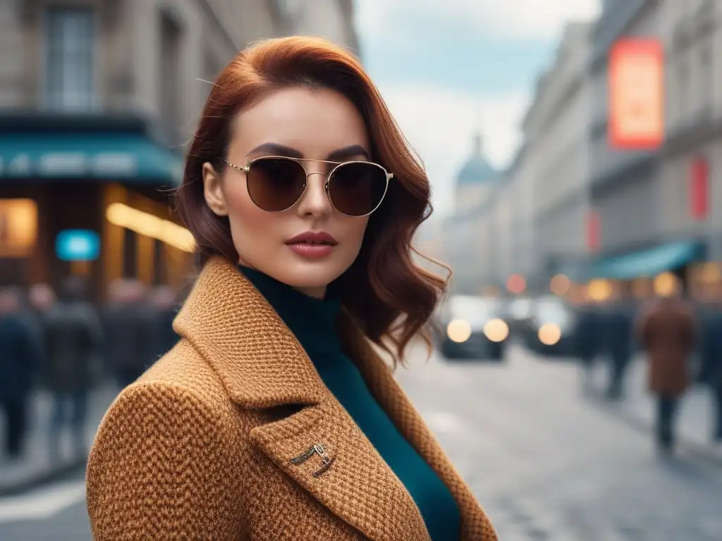 Una imagen realista en alta resolución de una persona elegante usando gafas de sol vintage modernas, destacando en una bulliciosa calle de la ciudad