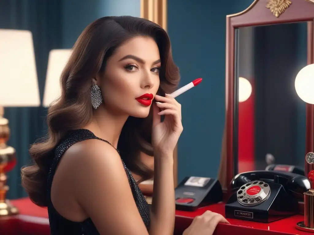 Maquillaje vintage: mujer glamurosa de los 90 aplicando lápiz labial rojo Imagen retro de mujer glamorosa de los 90 aplicando labial rojo frente al espejo