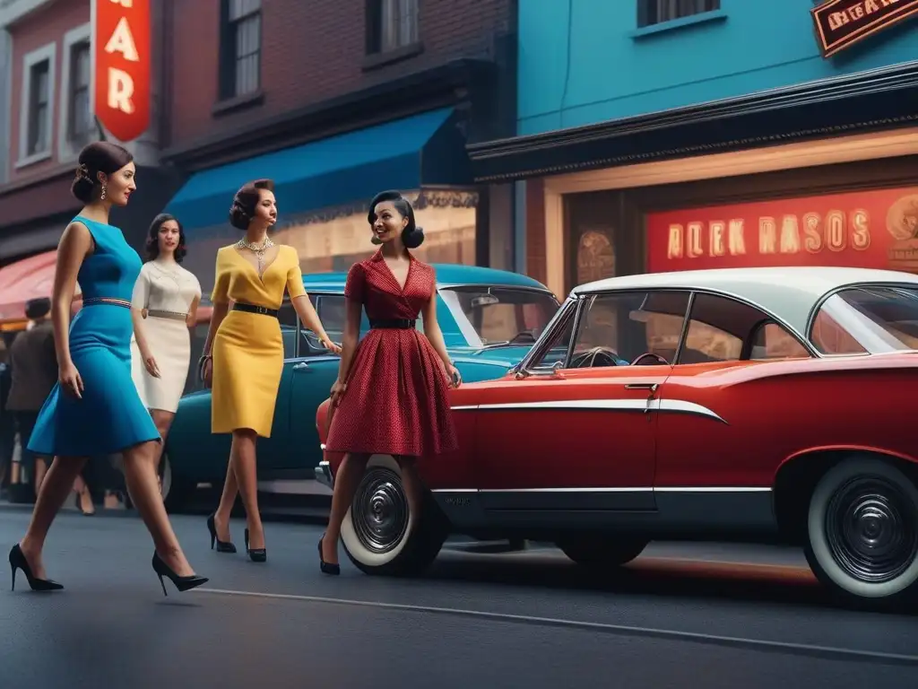 Minifaldas en la ciudad: Revolución cultural de los 60 Una imagen vibrante de mujeres empoderadas en minifaldas en una concurrida calle de la ciudad en los años 60, reflejando la historia de la moda retro