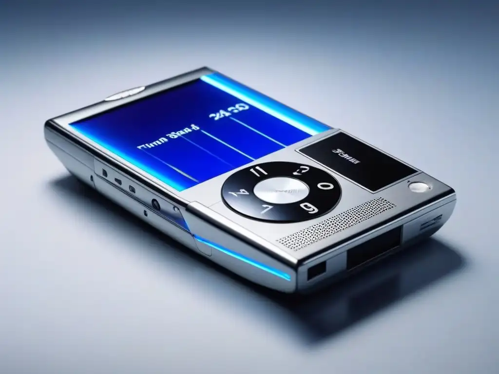 Retrato nostálgico de la tecnología Y2K y la moda del 2000 Imagen vibrante de un teléfono móvil plateado rodeado de accesorios retro moda siglo XX en una ciudad futurista del año 2000