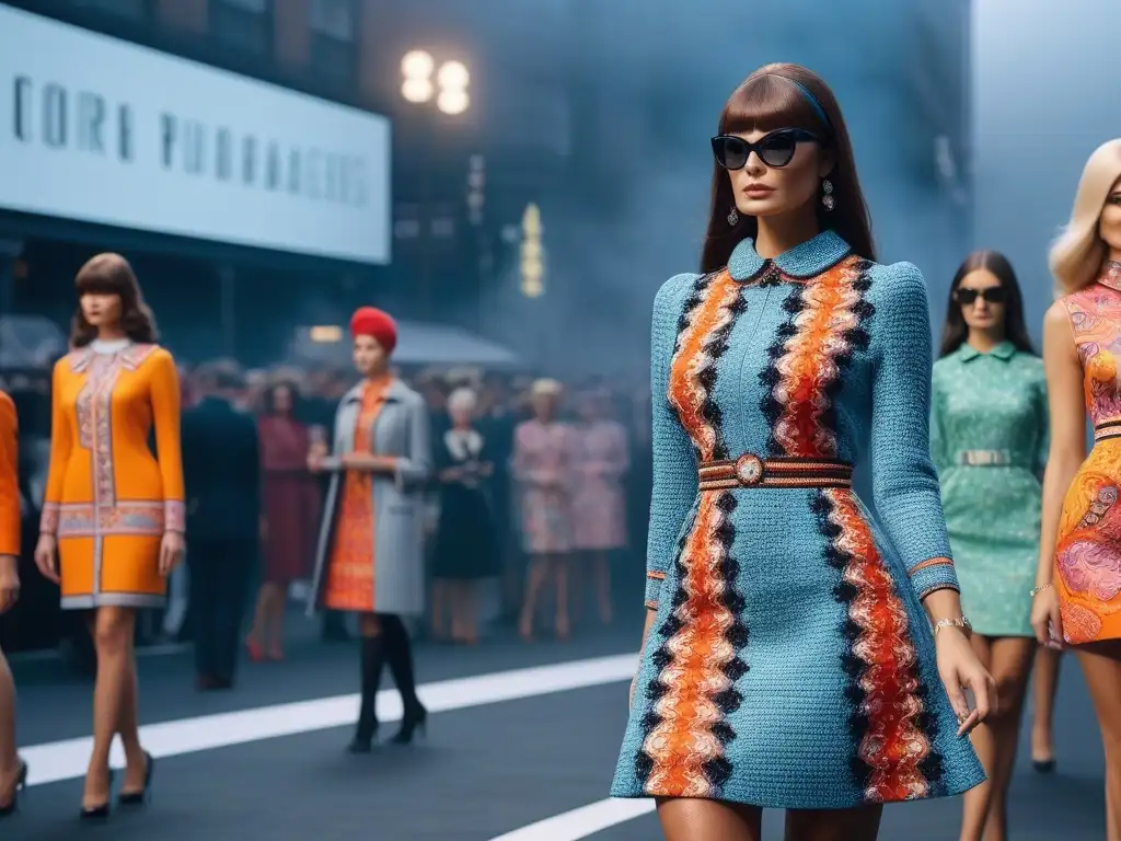 Desfile de moda de los años 60: colores vibrantes y estilo mod Una impactante imagen de un desfile de moda de los años 60 con estampados psicodélicos y mini vestidos de estilo mod