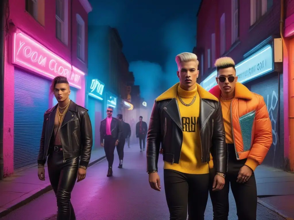 Moda queer retro de los 80: rebeldía y diversidad en la ciudad Una impactante imagen detallada de moda queer de los años 80 en la calle, con estilos punk, glam y de género fluido