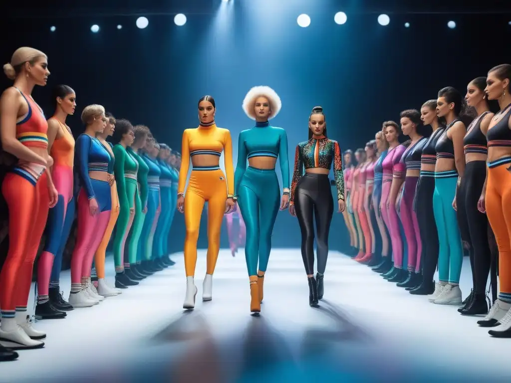 Desfile de moda de los 80: Lycra vibrante y energía Una impactante revolución moda deportiva años 80 en la pasarela con lycras coloridas y ajustadas, ¡un espectáculo vibrante!
