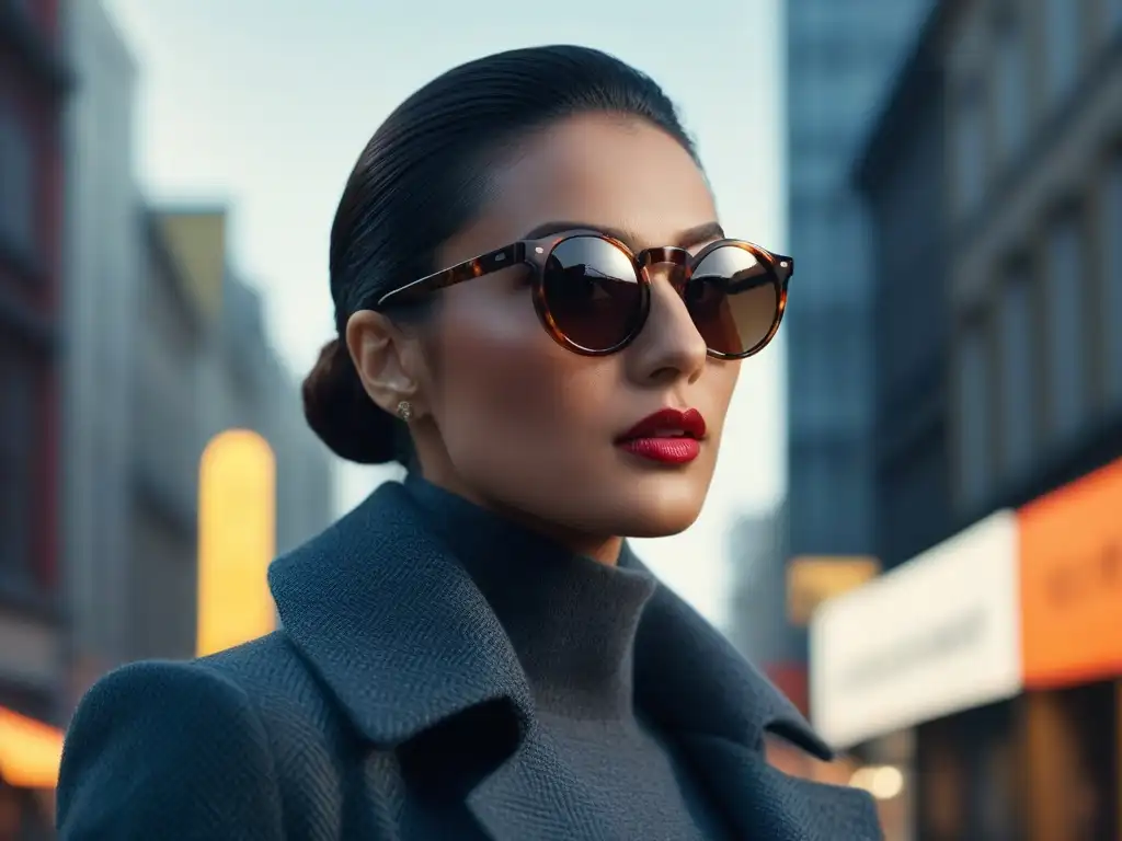 Un individuo elegante usando gafas de sol vintage modernas en una ciudad bulliciosa, irradiando confianza y estilo urbano