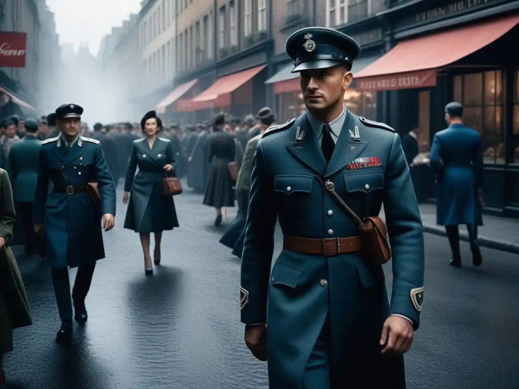 Escena urbana de moda en la Segunda Guerra Mundial Transformación de la industria de la moda durante la Segunda Guerra: escena detallada de la moda de la época en una bulliciosa calle de la ciudad