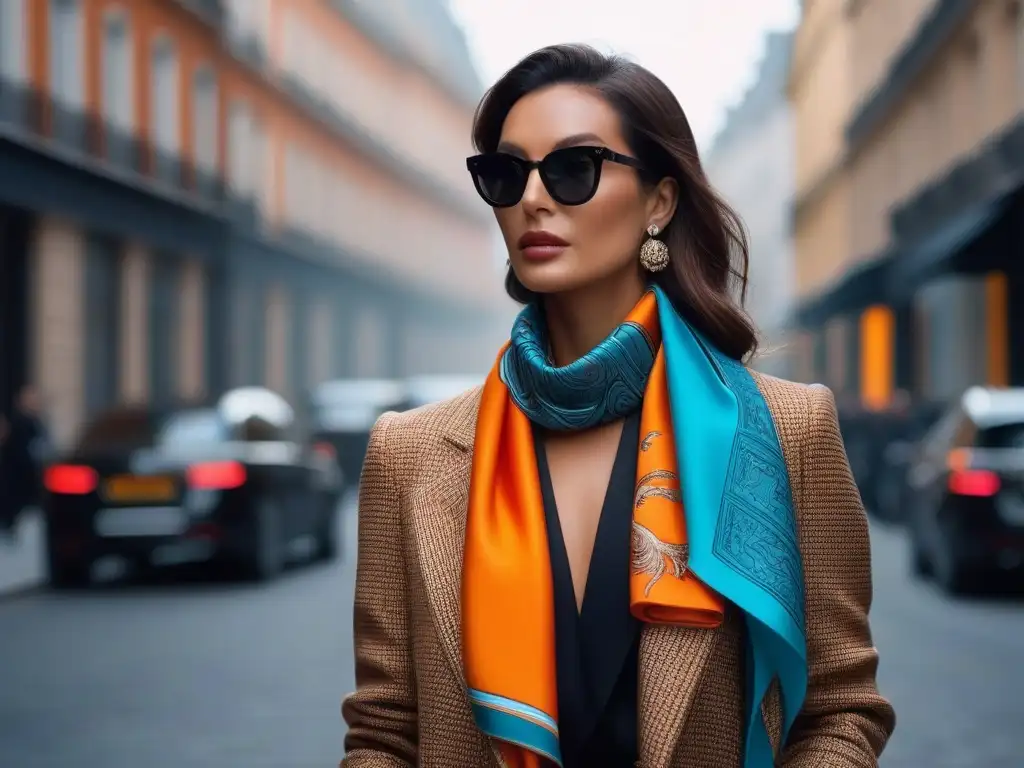 Pañuelo de seda Hermes en influencer moderno Un influencer moderno luce un pañuelo de seda Hermes en una ciudad, fusionando elegancia clásica con tendencias contemporáneas
