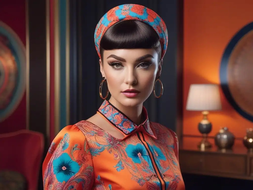 Joven con look 60s y vestido psicodélico Influencia años 60: joven con maquillaje y estilo retro, viste vestido psicodélico y accesorios a juego