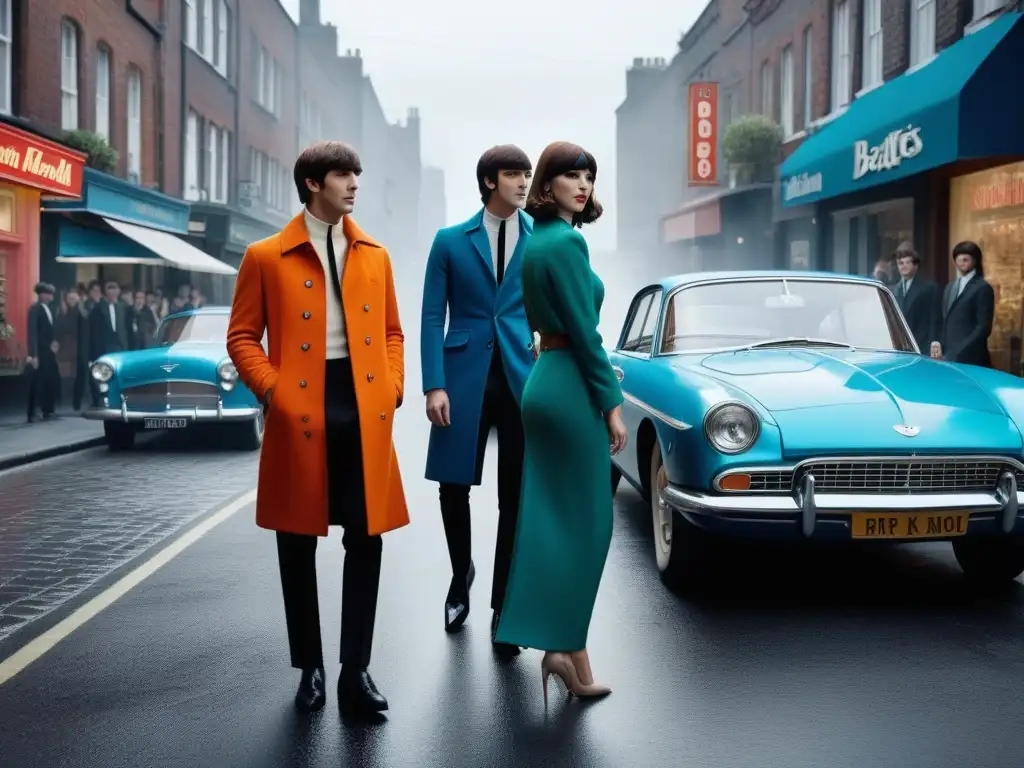 Estilo Beatles: moda retro en la ciudad Influencia estilística de los Beatles: Jóvenes con atuendos retro inspirados en los años 60, en una calle urbana vibrante