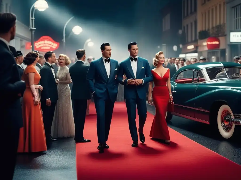 Evento de la alfombra roja de los años 50: glamour y estilo vintage Influencia de estrellas del cine en la moda retro de los años 50, con glamour y elegancia en la alfombra roja