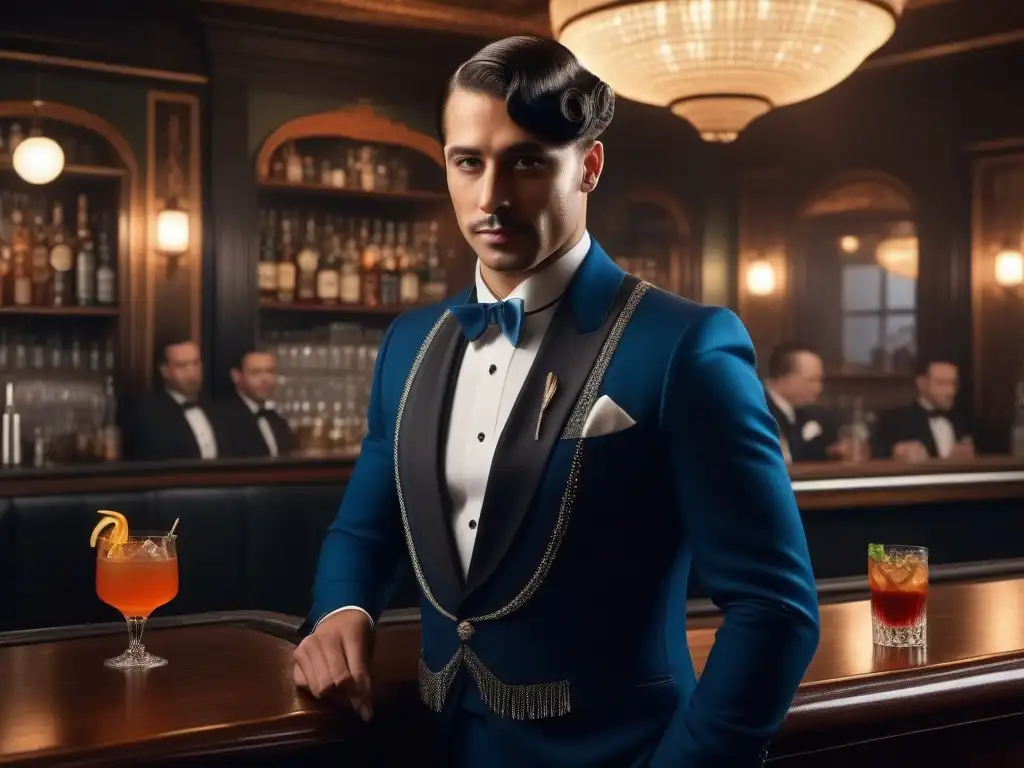 Influencia de la ley seca en la moda retro: Escena glamorosa de un speakeasy de los años 20 con elegantes personas vestidas de época