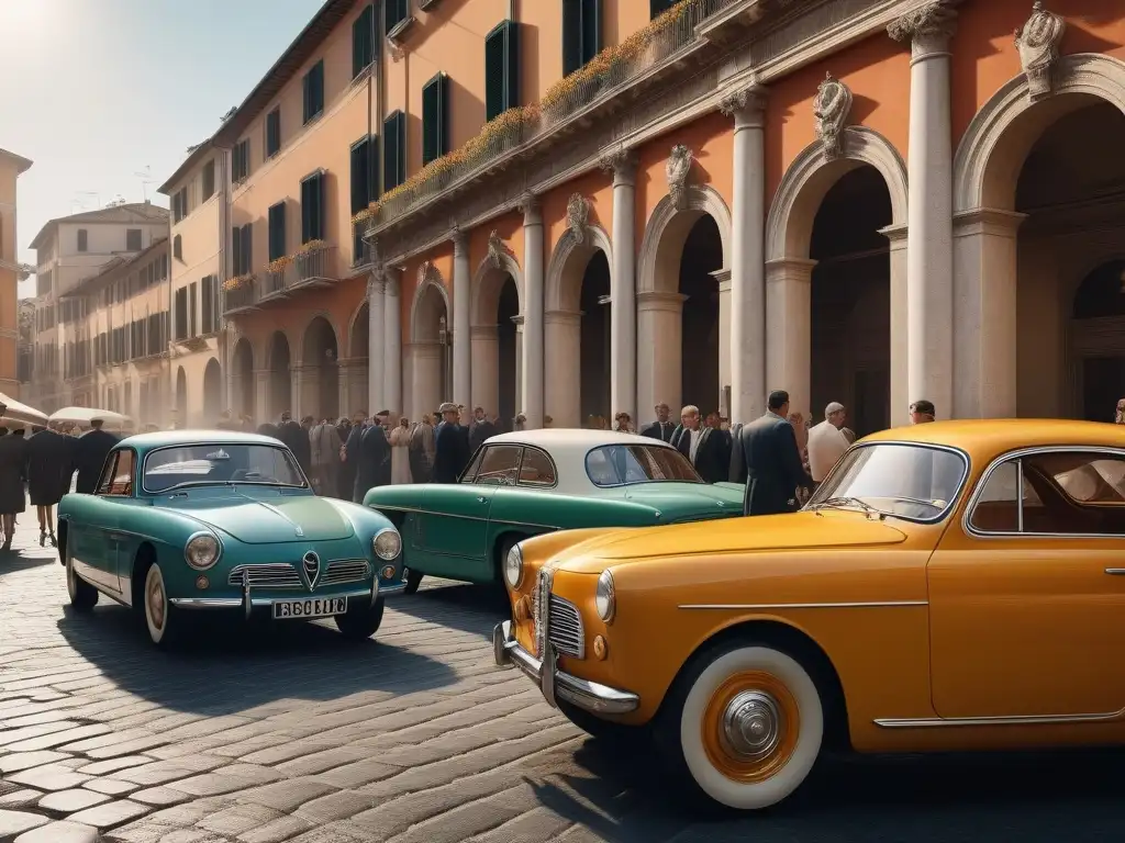 Influencia de moda de La Dolce Vita en una bulliciosa escena de calle italiana de los años 50 con la Fontana di Trevi al fondo