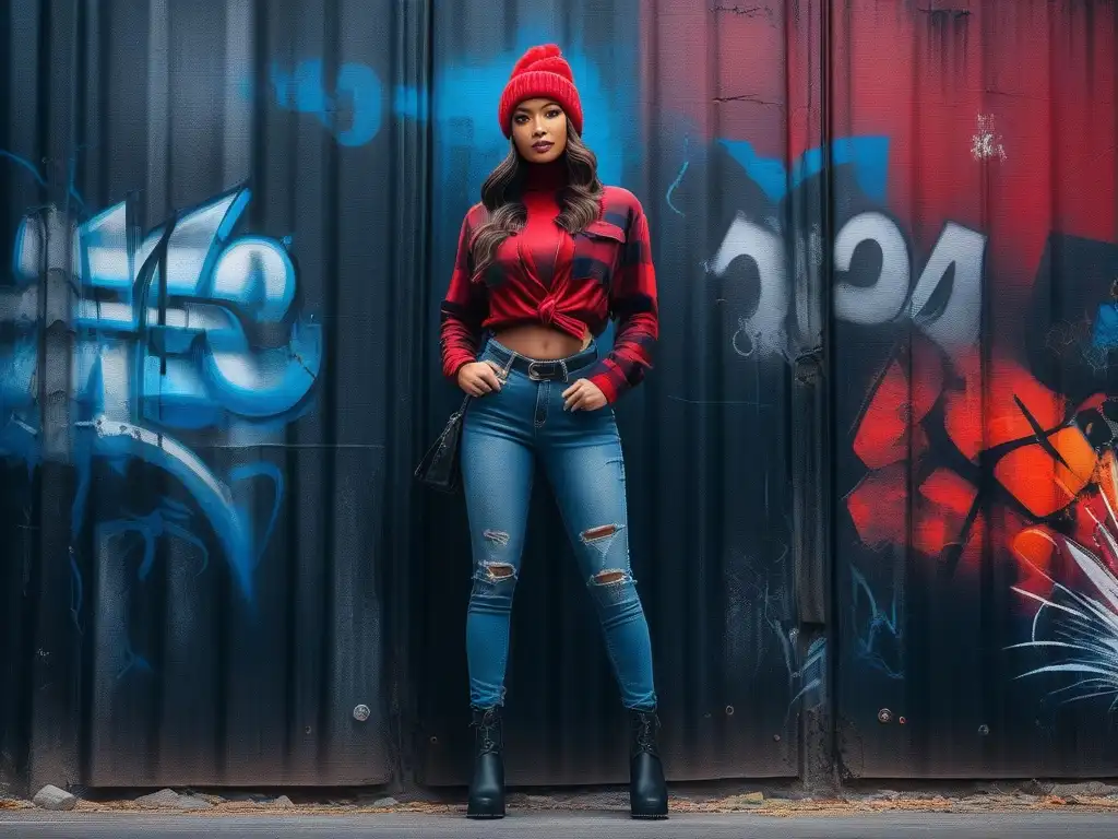 Influencia de moda grunge estilo actual: joven con camisa a cuadros atada a la cintura, jeans desgastados y botas, frente a una pared graffiteada
