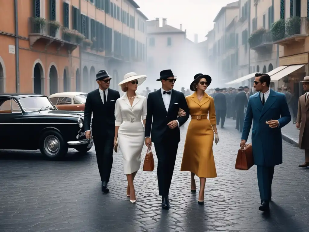 Influencia de la moda La Dolce Vita: Grupo elegante en trajes de los años 60 paseando por una bulliciosa calle italiana
