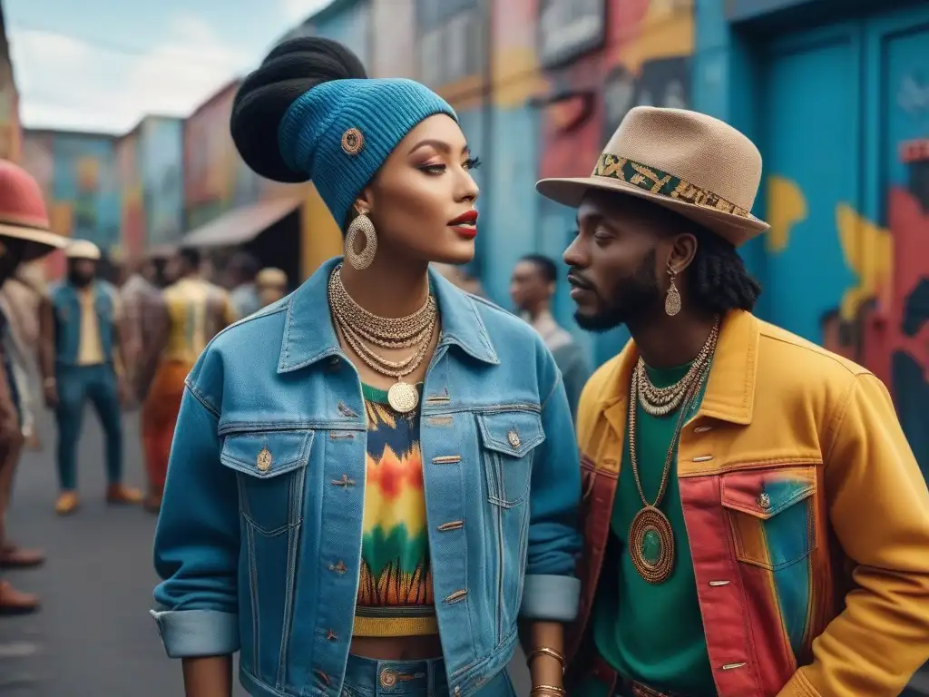 Estilo reggae retro: jóvenes rebeldes y coloridos en la ciudad Influencia del reggae en moda: Grupo diverso con outfits retro reggae en calle urbana colorida