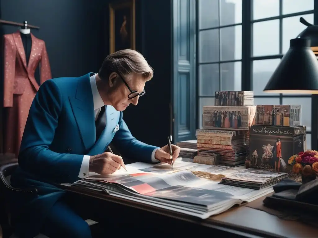 Diseño de moda retro: Yves Saint Laurent en su atelier Yves Saint Laurent inmerso en su atelier, diseñando moda retro rodeado de revistas y telas coloridas, con expresión concentrada en su rostro