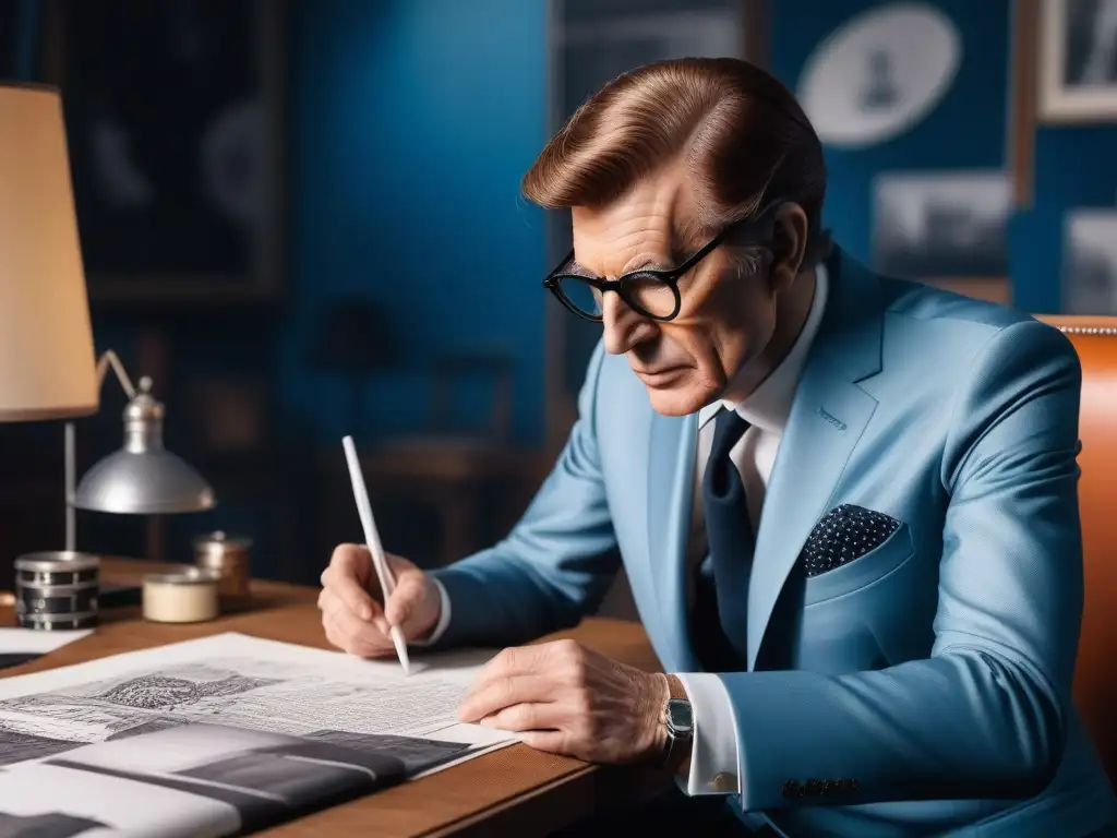 Yves Saint Laurent en su icónico atelier de los años 60 Yves Saint Laurent inmerso en su atelier rodeado de telas y bocetos, reflejando su influencia en la moda retro