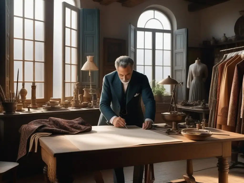 Retrato detallado de Mariano Fortuny en su taller de moda en los años 1910 Mariano Fortuny inmerso en su taller de diseño de moda en los años 1910, trabajando en una prenda lujosa