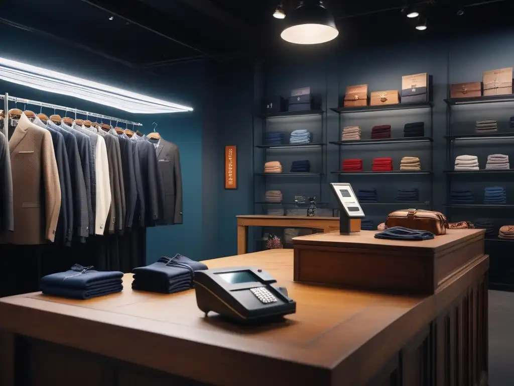 Interior de boutique vintage con RFID: autenticidad y tecnología Interior detallado de una boutique de moda vintage con tecnología RFID integrada, luchando contra falsificaciones