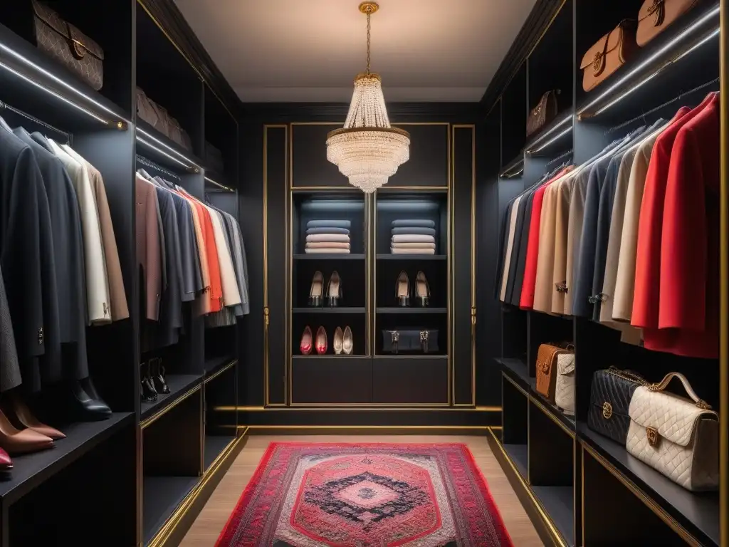 Armario de lujo con prendas de diseñador de segunda mano en hangers dorados Inversiones de lujo: prendas de diseñador en un lujoso vestidor, destacando marcas como Chanel, Gucci y Louis Vuitton