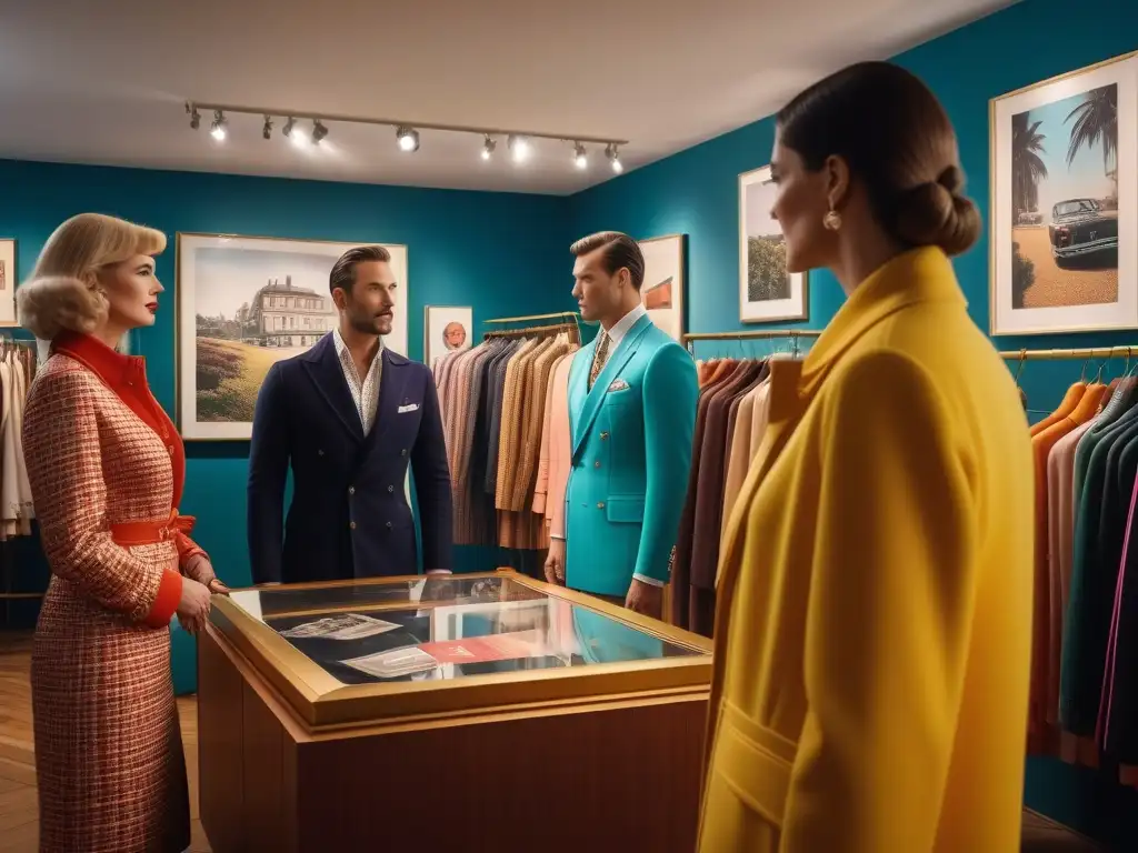 Inversores de moda exploran prendas vintage en boutique elegante Inversiones moda prendas retro retorno: Grupo diverso de inversores de moda analizan prendas vintage en una boutique elegante