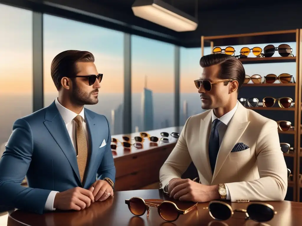 Inversores exitosos debaten estrategias rodeados de gafas sol vintage en lujosa oficina al atardecer