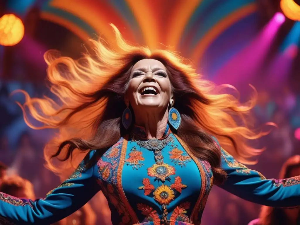 Ilustración psicodélica de Janis Joplin en concierto Janis Joplin en un escenario con atuendo psicodélico retro rodeada de colores y patrones, capturando la moda psicodélica