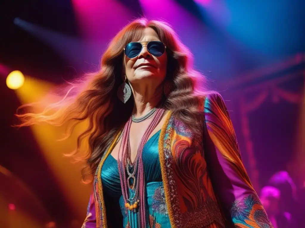 Janis Joplin en concierto: moda psicodélica de los 70 Janis Joplin deslumbra en el escenario con su moda psicodélica retro