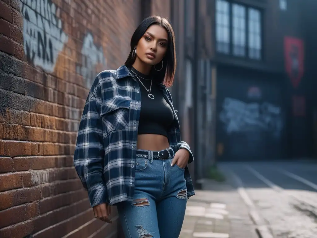 Estilo grunge en la ciudad: mujer moderna en un callejón urbano Una joven en un callejón urbano, atuendo grunge: camisa a cuadros, camiseta de banda, jeans rasgados y botas
