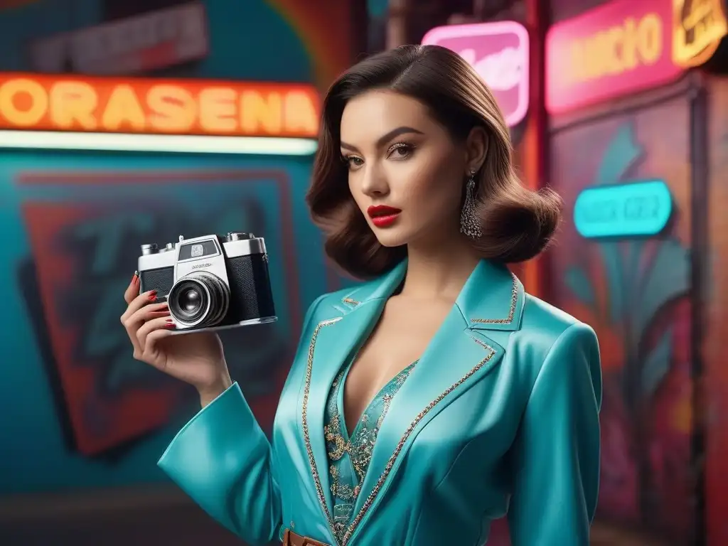 Fotografía vintage: mujer estilosa frente a grafitis y neones Una joven elegante con moda retro en la era digital posa frente a un mural de grafitis y letreros de neón, capturando nostalgia y modernidad