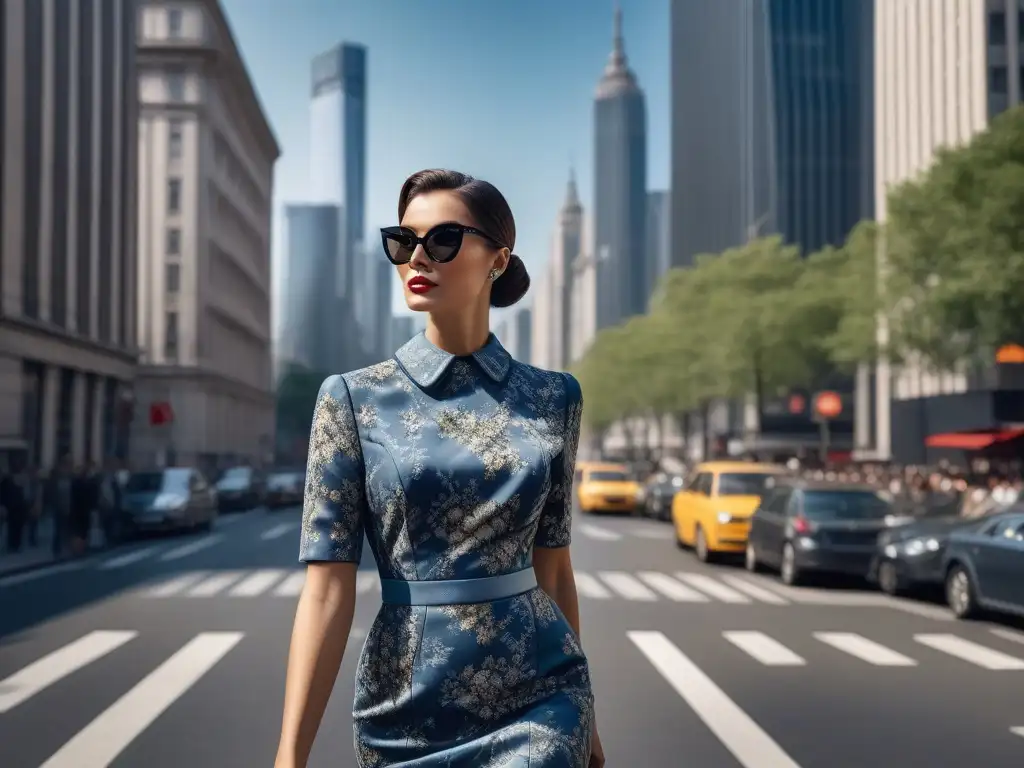 Moda vintage en la ciudad: mujer elegante y urbana Una joven elegante con moda vintage influencia tendencias actuales, camina en la ciudad entre rascacielos