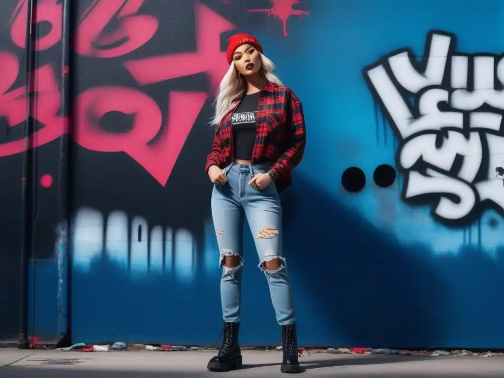 Retrato urbano: joven rebelde en ambiente grunge de los 90 Joven con estilo grunge de los 90 en un entorno urbano con grafitis, luces de neón y basura, expresión desafiante