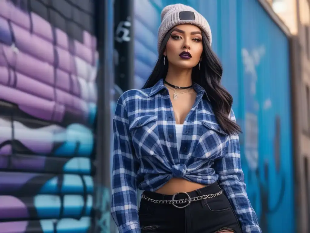 Rebelde urbana con estilo grunge y actitud desafiante Una joven con estilo grunge de los 90: camisa a cuadros, jeans rasgados, botas de combate y gorro, frente a una pared llena de grafitis