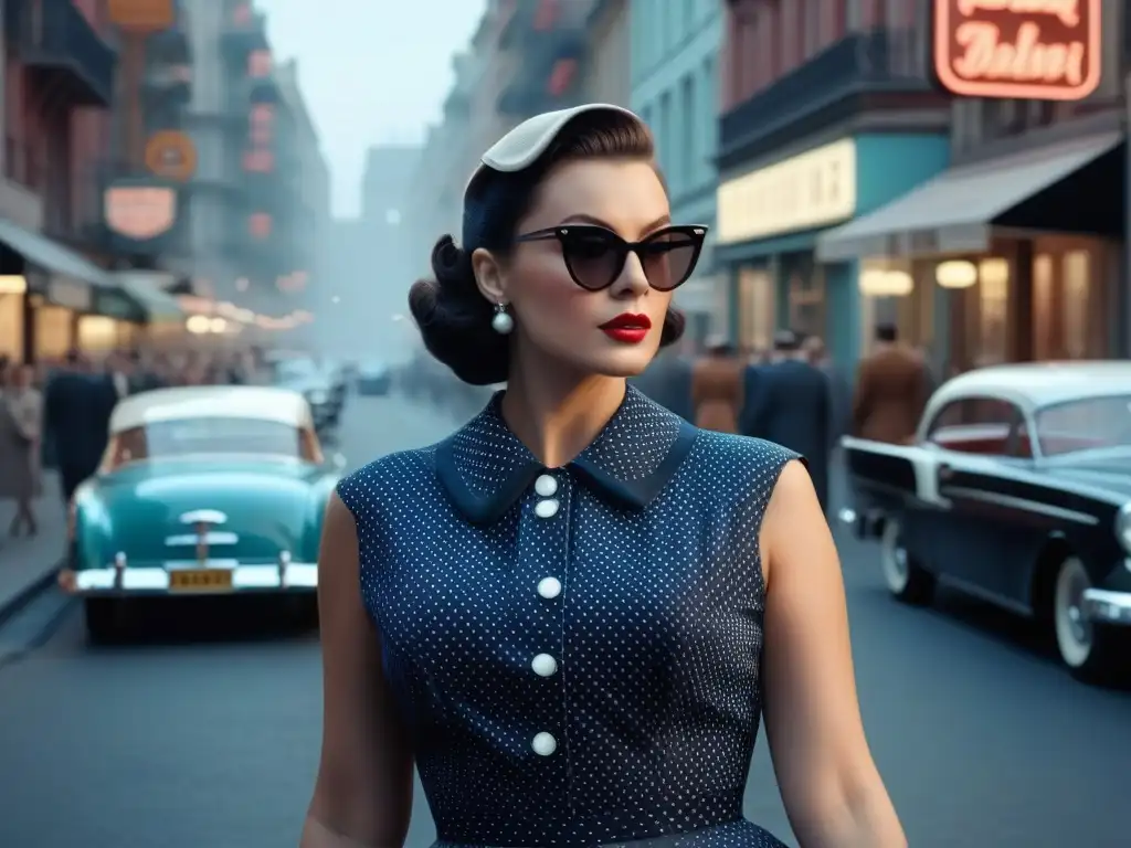 Moda retro: Mujer vintage pasea por la ciudad del siglo XXI Una joven con estilo viste moda retro años 50 actualidad, pasea por la ciudad con confianza y personalidad
