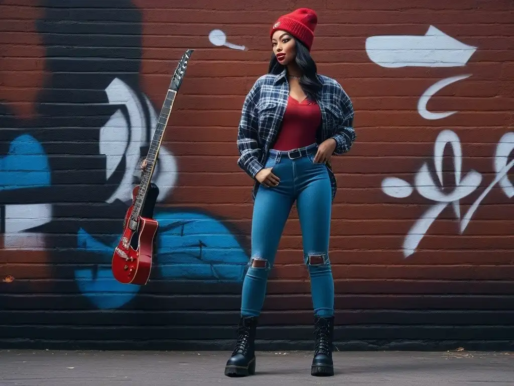 Joven rebelde del grunge de los 90 con guitarra frente a grafitis Una joven con moda grunge años 90 completa: camisa a cuadros, jeans rotos, botas Doc Martens y gorro, con guitarra frente a pared de graffiti
