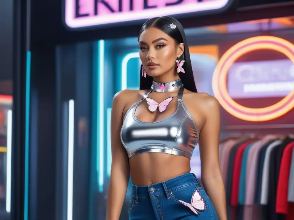 Estilo Y2K: Joven en outfit futurista con toques de los 2000 Joven con outfit inspirado en los 2000, accesorios retro moda siglo XX, en ambiente futurista neon