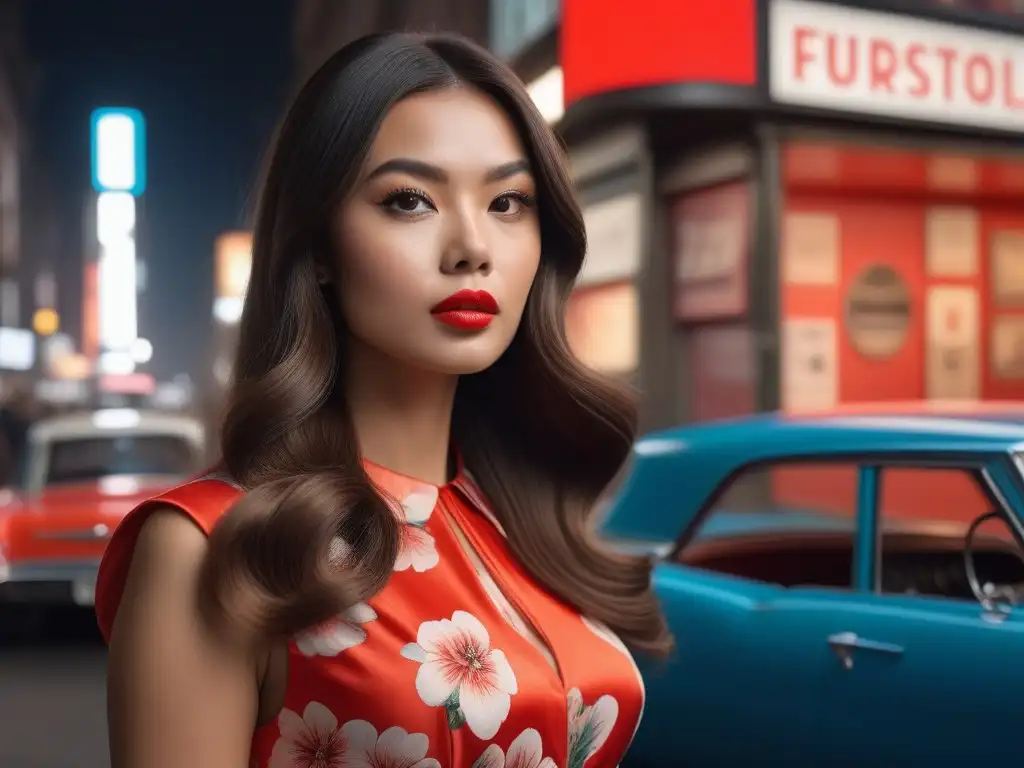 Rebelión en los 60: joven empoderada aplicando labial rojo Joven rebelde de los 60 aplicando lipstick rojo, con moda retro y empoderamiento